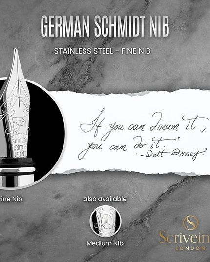 Scriveiner Stainless Steel Fountain Pen - Stunning Luxury Pen with Steel Finish, Schmidt Steel Nib (Fine), Best Pen Gift Set for Men & Women, Professional, Executive Office, Nice Designer Pens