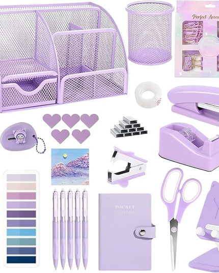 Office Supplies,Desk Accessories,Stapler and Tape Dispenser Set,1000 Staples,Staple Remover,Pen Holder,Folding Phone Holder,Journal Notebook,Ballpoint Pen,Scissor,Ruler,Clear Tape,Sticky Notes,Ect
