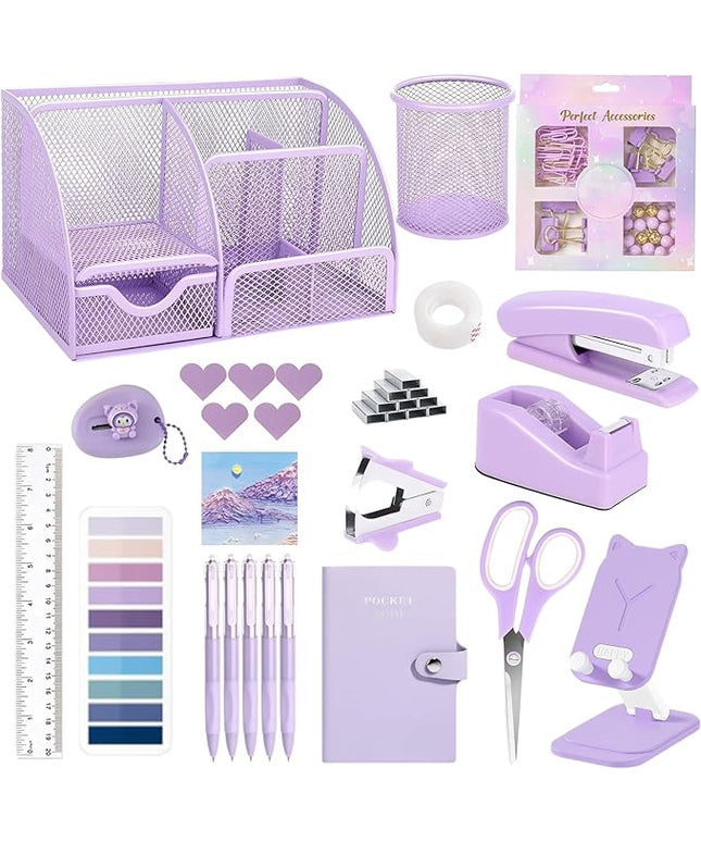 Office Supplies,Desk Accessories,Stapler and Tape Dispenser Set,1000 Staples,Staple Remover,Pen Holder,Folding Phone Holder,Journal Notebook,Ballpoint Pen,Scissor,Ruler,Clear Tape,Sticky Notes,Ect