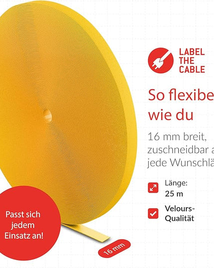 Label-the-cable Cable Management Ties Tape, Adjustable, Re-Useable/Cable Tidy/Hook and Loop Cord Organizer, Wire Management/PRO ROLL, 1 PCS, 25m x 16mm, Yellow, PRO 1240