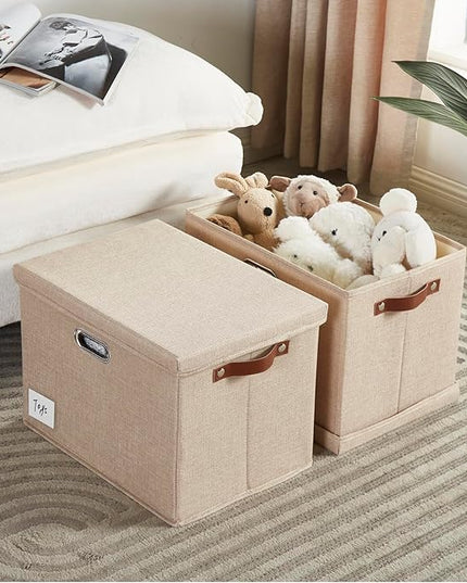 17" Large Collapsible Storage Bins with Lids, Stackable Closet Organizers with PU Handle and Labels, 3-Pack Decorative Fabric Storage Boxes for Home, Bedroom, Closet, Office, Nursery(Khaki)