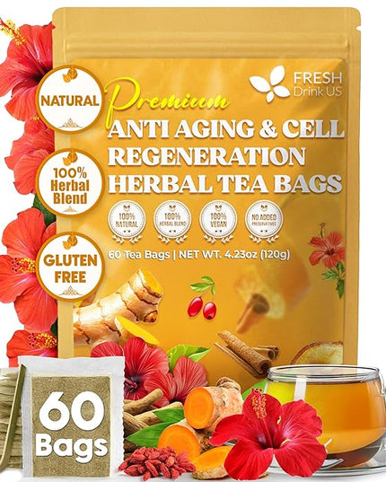 FreshDrinkUS, Premium Harmony Herbal Tea | 60 Tea bags | 100% Natural Turmeric, Hibiscus, Ashwagandha, Goji Berry, Reishi, Cinnamon & Orange Peel – Naturally Aromatic Caffeine-Free Tea
