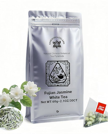 ADMIRINGAZELAND Jasmine White Tea Bags - 30 Count Fujian White Peony Leaf & Real Jasmine Flowers Blend with Pyramid Bags, Morning & Afternoon Chinese Tea Gift for Women & Men, 2.1oz