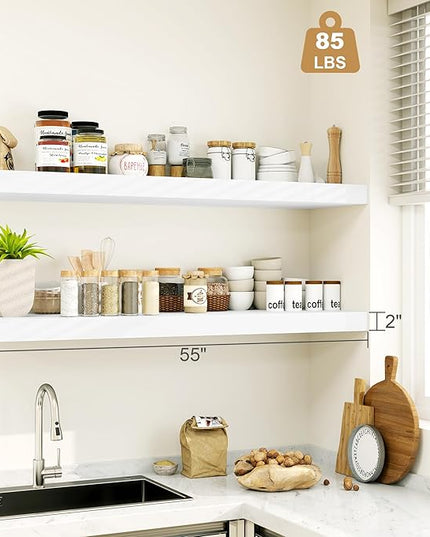 Heimlove Bathroom 12" Deep Floating Shelves for Wall Shelf Over Toilet Wall Mounted Farmhouse Long 55 inches Set of 1, Farmhouse Shelves with Invisible Brackets for Living Room, Kitchen, Bedroom,White