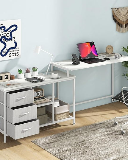 Tangkula 81 Inch L-Shaped Desk with Power Outlet, Convertible Corner Desk with Drawers & Shelves, Office Desk for Working, Studying, Gaming (White)