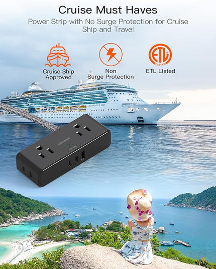 Black Flat Extension Cord 3 feet, Flat Plug Power Strip, 4 Widely Outlets with 3 USB Ports (2 USB C), 3 Side Outlet Extender with Extension Cord with Multiple Outlets for Home, Dorm Room Essentials