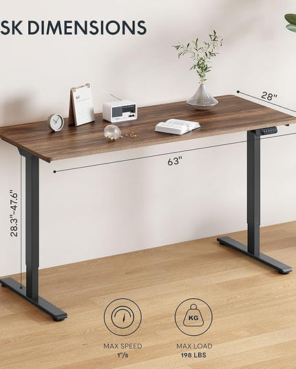 FLEXISPOT 63x28 Inch Large Dual Motor Electric Standing Desk, Black Walnut - 198 lbs Heavy-Duty Capacity, Ideal for Home Office, Creative Studio, or Multi-Monitor Setup