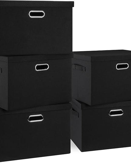 Large 17" 36 Quart Collapsible Stackable Storage Bins with Lids, 5 Packs Black Linen Fabric Closet Boxes with Lids, Storage Cube Baskets Container Organizers for Bedroom Office(17 x12 x11)
