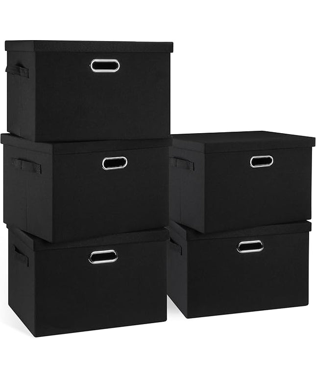 Large 17" 36 Quart Collapsible Stackable Storage Bins with Lids, 5 Packs Black Linen Fabric Closet Boxes with Lids, Storage Cube Baskets Container Organizers for Bedroom Office(17 x12 x11)