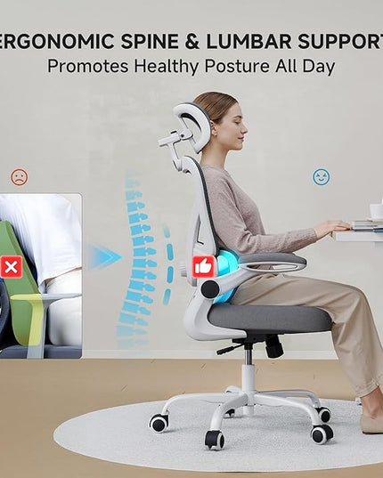 Ergonomic Office Chair, 330LBS Desk Chair with 3-Level Lumbar Support & Headrest, Breathable Mesh Backrest, Flip-Up Armrests for Home Office and Gaming, White and Gray