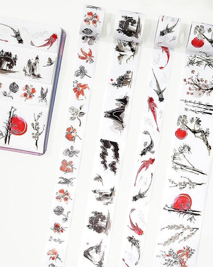WT Ink Tranquility Washi Tape Sticker Set, 4 Rolls, Original Designs, Eastern Watercolor Koi Fish, Black & Red, Silver Foil Decorative Stickers for Bujo, Planner, Journals, DIY Crafts