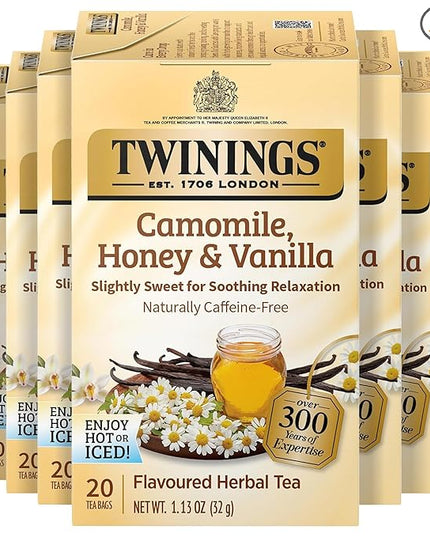 Twinings Camomile, Honey & Vanilla Herbal Tea Individually Wrapped Bags, 20 Count (Pack of 6), Naturally Caffeine-Free, Enjoy Hot or Iced, 120 Teabags