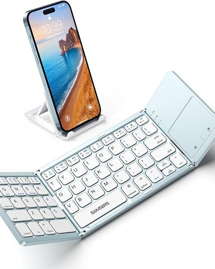 Samsers Foldable Bluetooth Keyboard with Touchpad - Portable Wireless Keyboard with Holder, Rechargeable Full Size Ultra Slim Pocket Folding Keyboards for Android Windows iOS Tablet & Laptop - Blue