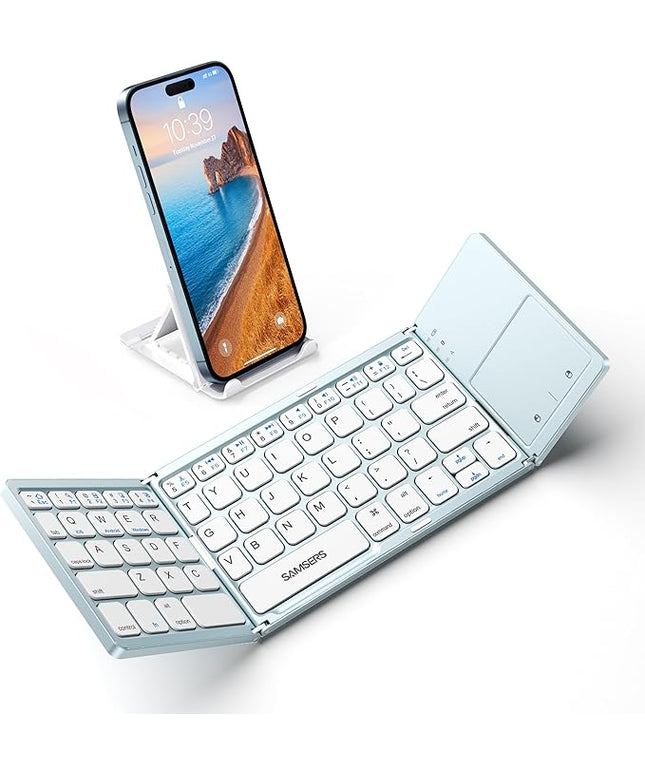 Samsers Foldable Bluetooth Keyboard with Touchpad - Portable Wireless Keyboard with Holder, Rechargeable Full Size Ultra Slim Pocket Folding Keyboards for Android Windows iOS Tablet & Laptop - Blue