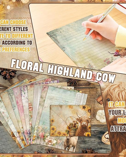 TaoBary 160 Pcs Stationery Paper Set 50 Double Sided Stationery Papers with 50 Matching Envelopes and 60 Round Dot Sticker, 10 Design(Floral Highland Cow,5.5 x 8.25 Inch)