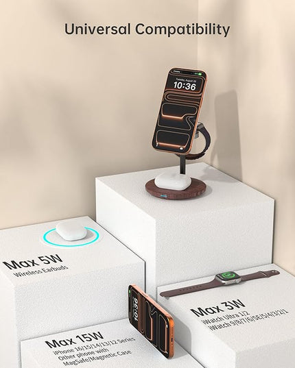 XooFly 3 in 1 Wireless Charging Station for Apple Devices, Fast Wireless Mag-Safe Charger Stand with 20W Adapter for iPhone 17/16 15 14 13 12 Pro Max/Pro/Plus/Air/Mini,iWatch,AirPods,Brown Wood Grain