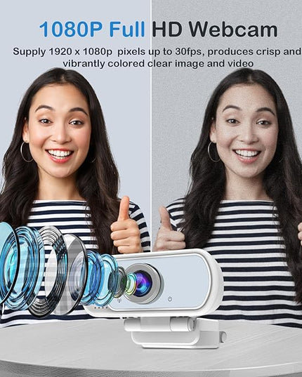 1080p White Webcam with Microphone, USB Web Camera 110-Degree View Angle Computer Camera,Webcam Tripod/Privacy Cover/USB C Adapter Include,Plug and Play Web Cam for Video Conferencing Streaming