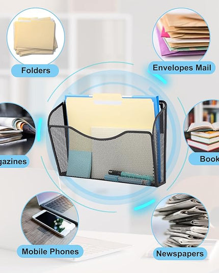 EASEPRES Magnetic 3 Single Pocket Mesh Hanging File Organizer, Vertical Wall Mounted Magazine File Holder, Mount Basket Mail Paper Document Folder Organizing for Office, Home and School, Black