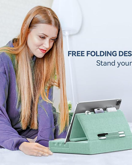 KDD Tablet Pillow Holder, Foldable iPad Stand for Lap, Bed and Desk -Tablet Soft Pad Dock with Pocket & Stylus Mount Compatible with iPad Pro 12.9, 10.5, 9.7 Air Mini 6 5 4 3, E-Reader