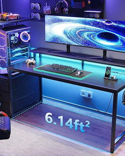 AODK 59 Inch Gaming Desk with USB Charging Ports & LED Light- Reversible Computer Desk with Storage Shelves & Monitor Stand, Modern Gamer Desk Table with Fabric Drawers & Side Hook, Carbon Fiber Black