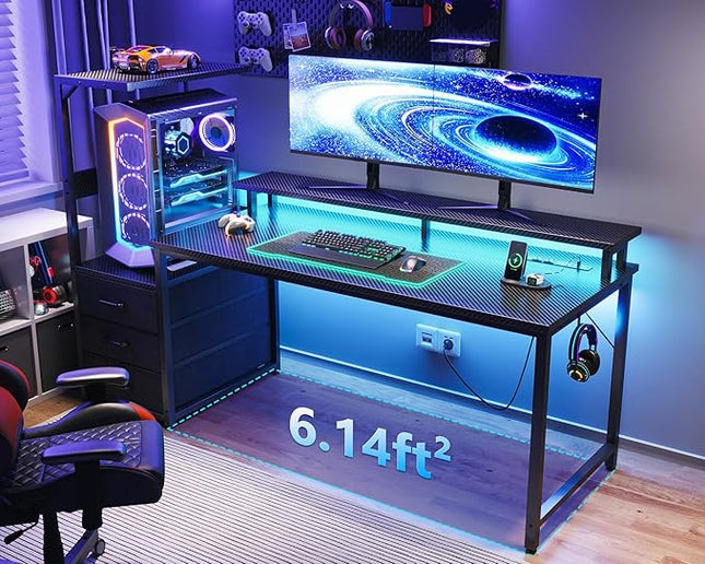 AODK 59 Inch Gaming Desk with USB Charging Ports & LED Light- Reversible Computer Desk with Storage Shelves & Monitor Stand, Modern Gamer Desk Table with Fabric Drawers & Side Hook, Carbon Fiber Black