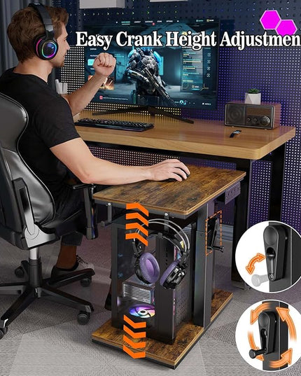 Height Adjustable Computer Tower Stand with Wheels and Charging Station,2-Tier PC Stand for Floor or Carpet,PC Holder Under Desk for ATX-Case,Office,Home,Gaming Room