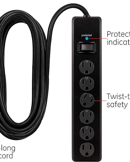 GE 6-Outlet Surge Protector, 20 Ft Extension Cord, Power Strip, 800 Joules, Flat Plug, Twist-to-Close Safety Covers, Protected Indicator Light, UL Listed, Black, 50769