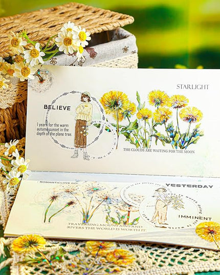 AuriicLeaf Dandelion Floral PET Stickers Set, 60PCS Holographic Botanical Flower Stickers for Scrapbooking, Journaling, DIY Crafts, and Art Supplies