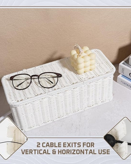 Cable Management Box, Handmade Rattan Cable Organizer, 2 Open Slots Cords Hider Box, Under Desk Cord Organizer for Computer Router USB Hub & Power Strip, Patent Pending, 13" x 5.1" x 5.1", White