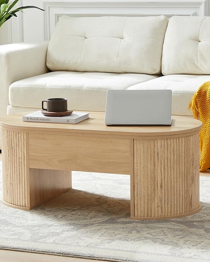 QHITTY Fluted Coffee Table with Lifting Top, Oval Wood Lift Top Coffee Table with Hidden Compartment, Mid Century Pull up Center Tables for Living Room, Office - Natural