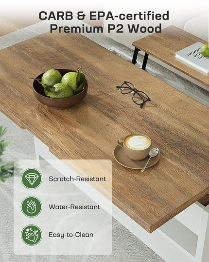 Marsail 40" Lift Top Coffee Table, 4 in 1 Coffee Table with Hidden Compartment, 1 Open Shelf and 2 Drawers, Multifunctional Farmhouse Center Table for Living Room and Home Office, Brown and White
