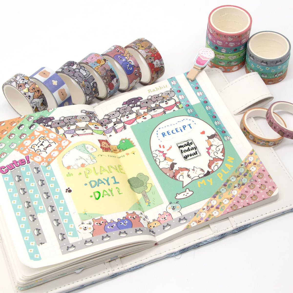 WAPETASHI Cute Washi Tape Set - 24 Rolls Kawaii Animals Gold Foil Decorative Masking Tape for Journaling, Scrapbooking, Kids DIY Crafts, Aesthetic Supplies, Planners, Bullet Journal