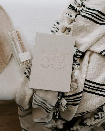 Sweet Water Decor Cute Motivational Lined Composition Notebook for Women, 100 Ruled Pages for Writing, Diary with Fabric Inspirational Cover (Tan She Believed She Could)