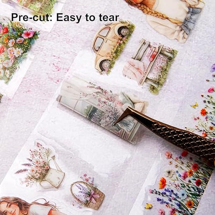 AuriicLeaf Spring Garden PET Tape Set, 3 Rolls Pre-Cut Wildflower Stickers for Scrapbooking, Journaling, DIY Crafts, and Collage Art (30 mm/50 mm/55 mm)