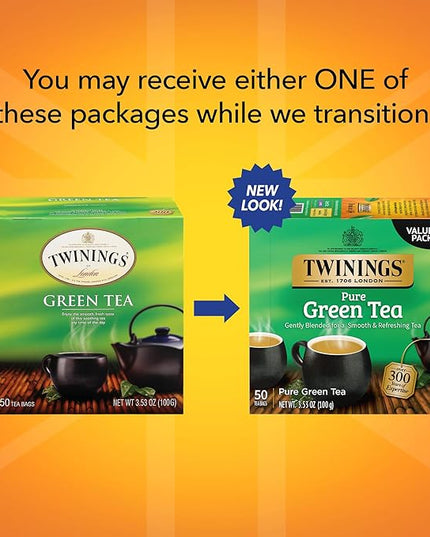 Twinings Pure Green Tea Individually Wrapped Bags, 50 Count (Pack of 6), Smooth Flavour, Enticing Aroma, Caffeinated, Enjoy Hot or Iced, 300 Teabags