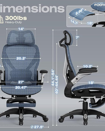 ELABEST X100 Ergonomic Office Chair with Footrest, Big and Tall Home Desk Chair with 5D Flip-Up Arms, Adjustable 3D Lumbar Support,High Back Rolling Computer Chair, Swivel Mesh Chairs (Oaxaca Blue)
