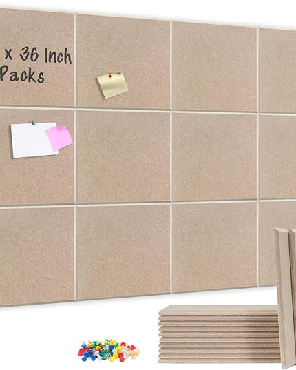 DOLLAR BOSS Large Cork Board for Wall 48" x 36" x 0.5" Bulletin Board 12 Packs Corkboard Tiles Self Adhesive Felt Wall Tiles for Office Home School, Latte