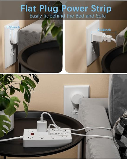 Power Strip with USB, Flat Plug Extension Cord Surge Protector 5 Ft, HUNIAN Power Strip with 8 Widely Spaced Outlets 6 USB Charger (1 USB C Port), Desk Charging Station for Home Office, White
