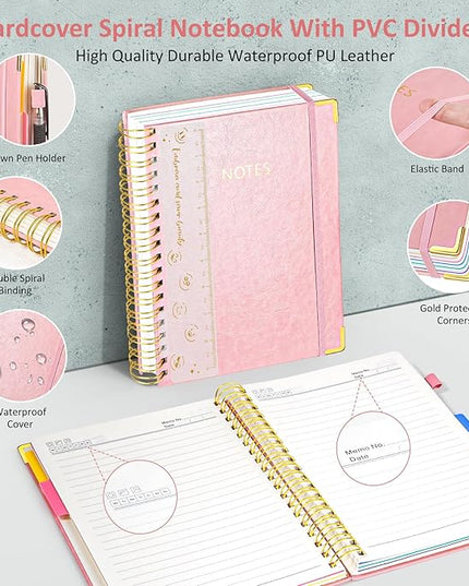 Hardcover Spiral Notebook Journal, 8"x10" Large B5 Notebooks with Removable Dividers Tabs, 300 Pages Leather 5 Subject Notebook College Ruled, Journal for Work School Note, 100 GSM Thick Paper,Pink