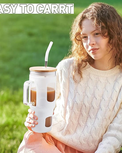 Glass Tumbler with Straw and Lid, 32 oz Glass Cup with Handle, Glass Water Bottles with Time Marker, Silicone Protective Sleeve - White