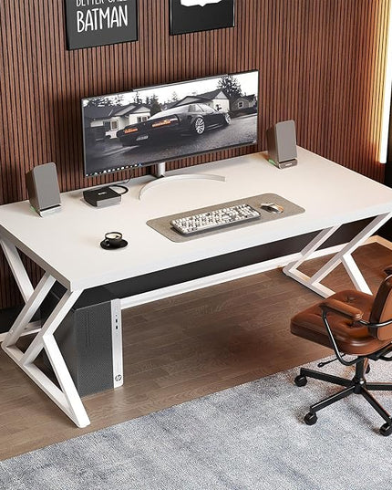 LVB Modern White Computer Desk, Long Industrial Home Office Desk for Student, Large Metal Wood Writing Study Work Desk, Farmhouse Executive Gaming Computer Table for Bedroom Living Room, White, 60 in