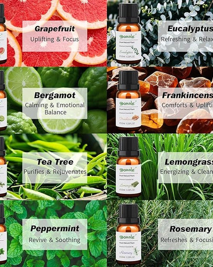 Dohale Essential Oils Set Acacia Wood Gift Box - Uplift, Energize, Refresh, Top 8 Aromatherapy Oils for Diffuser Hotel Scent Home Fragrance Candle Making Grapefruit, Peppermint & More 10ml