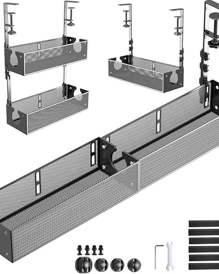 Multi-Model Under Desk Cable Management Tray 2 Packs Metal Under Desk Wire Management Clamp Mount Under Table Cord Management No Damage The Desk (Black)