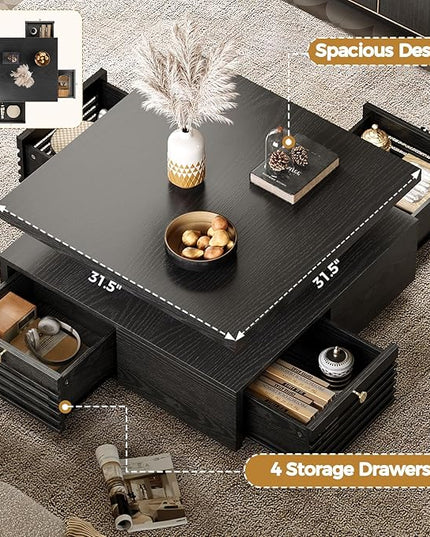 IRONCK Coffee Table with LED Light and Charging Station, 4 Storage Drawers with Grille Design, Square Coffee Table for Living Room Office Reception Room (Black)