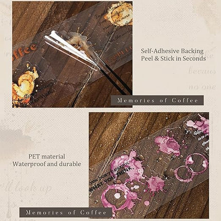 AuriicLeaf Memories of Coffee PET Tape Set, 6 Rolls Vintage Coffee Stain Stickers with Clip for Scrapbooking, Journaling, DIY and Crafts Supplies