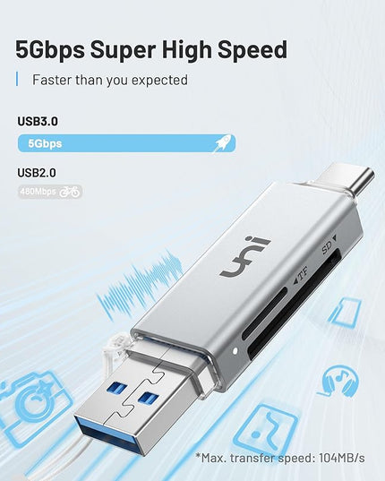 SD Card Reader, uni High-Speed USB C to Micro SD Card Adapter USB 3.0 Dual Slots, Memory Card Reader for SD/Micro SD/SDHC/SDXC/MMC, Compatible with MacBook Pro/Air, Chromebook, Android Galaxy - Silver