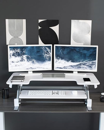 VIVO 42 inch Height Adjustable Stand Up Desk Converter, V Series, Quick Sit to Stand Tabletop Dual Monitor Riser Workstation, White, DESK-V000VLW