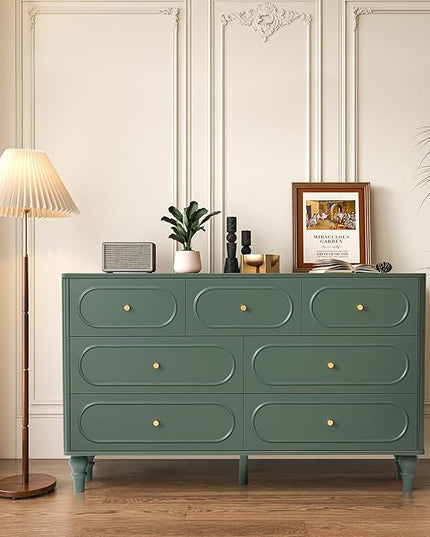 ORRD Fluted 7 Drawer Dresser for Bedroom, Modern Mid Century Chest of Drawers, Wood Storage Large Dresser Organizer for Bedroom Living Room Closet Hallway, Green