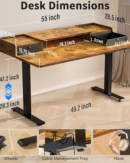 Kingant 55 x 30 Inch Standing Desk with Drawers, Adjustable Height Electric Sit Stand Desk with Storage Shelf, Rising Stand Up Computer Desk for Home Office Workstation, 3 Preset Heights(Rustic Brown)