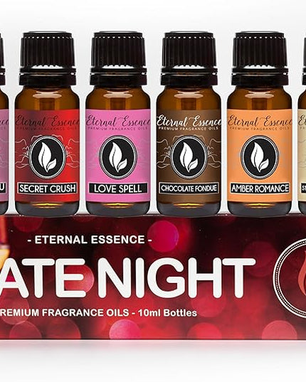 Eternal Essence Oils Date Night Set of 6 Premium Fragrance Oils - Includes PS I Love You, Amber Romance, Secret Crush, Chocolate Fondue, Strawberry Champagne, and Love Spell Scented Oils - 10ML